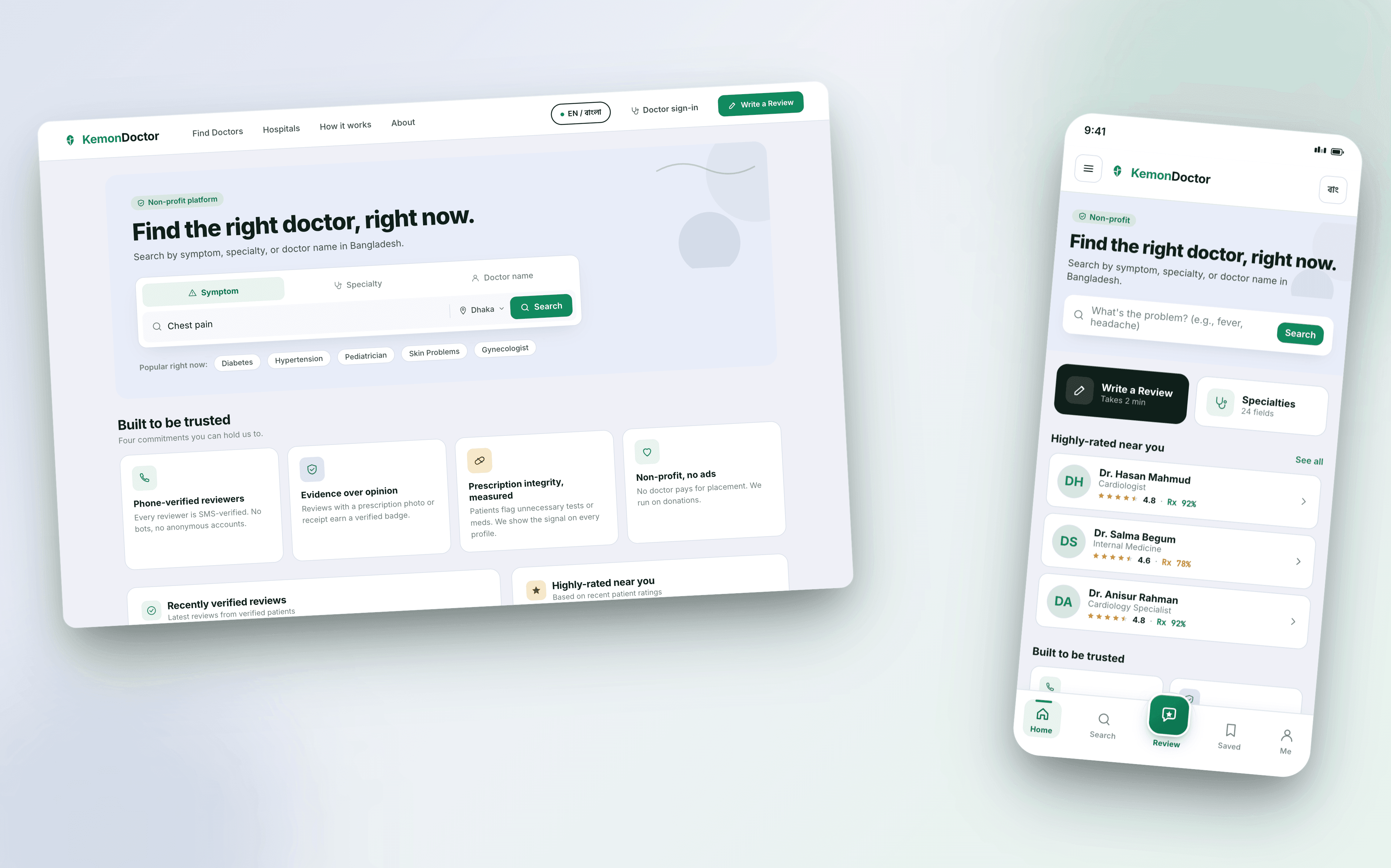 Kemon Doctor homepage and search results, showing doctor cards with ratings and reviews