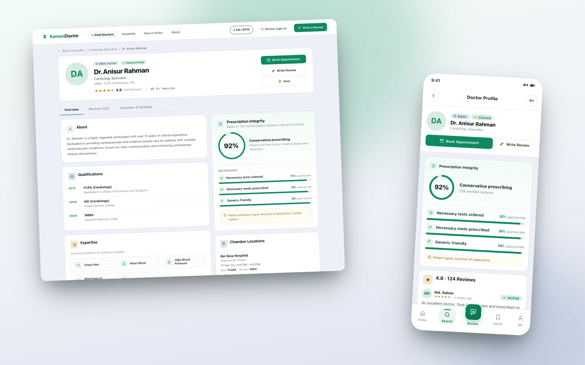 Kemon Doctor doctor detail page, showing doctor information and reviews