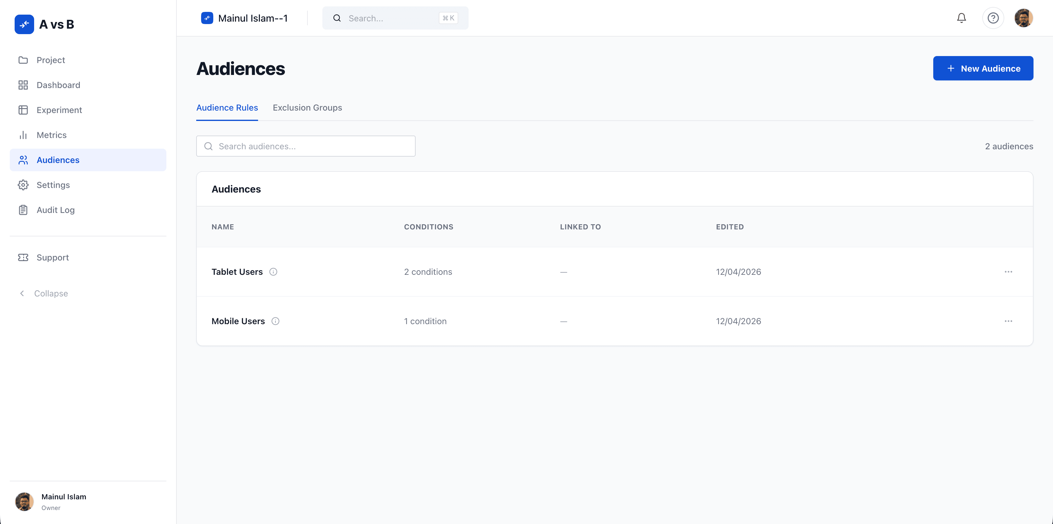 AvsB audience list view with traffic allocation per audience
