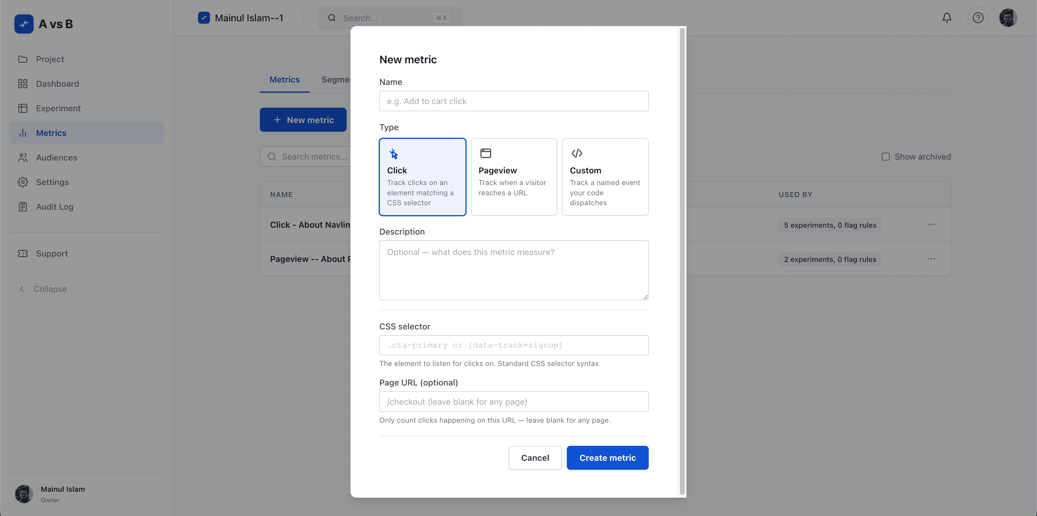 AvsB goal creation form for primary metric, guardrails, and event filters
