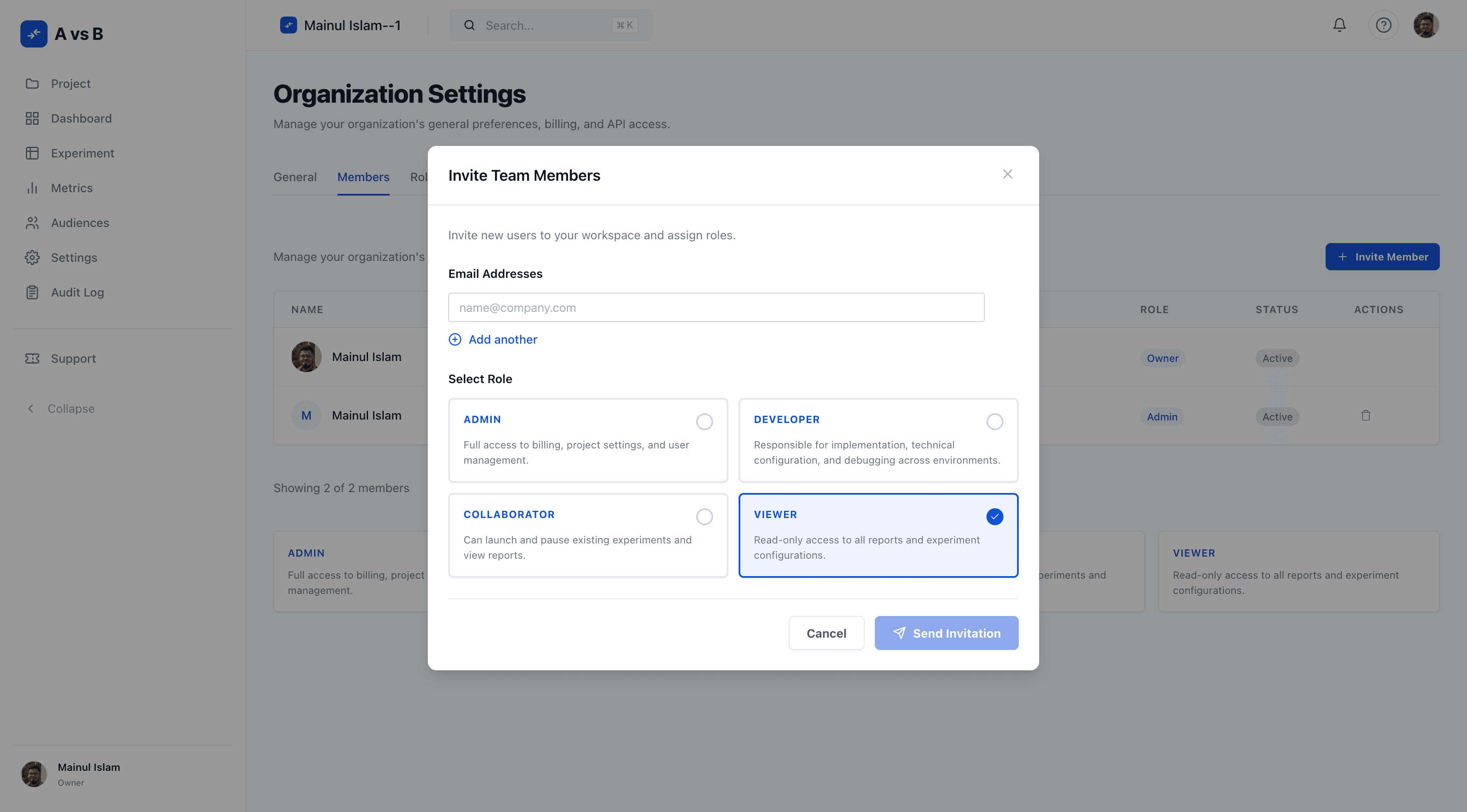 AvsB member invite modal combining seat assignment and role selection