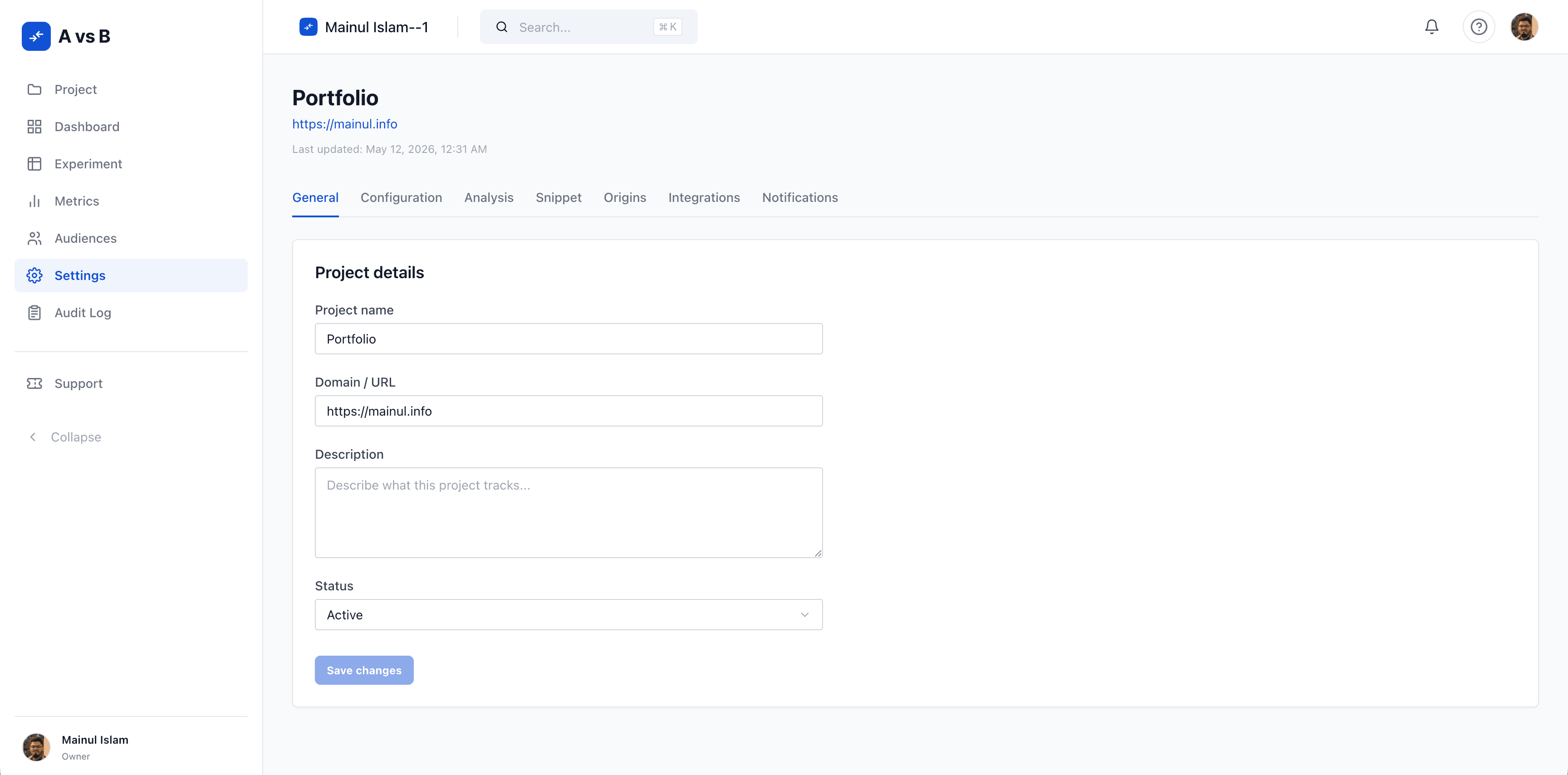 AvsB project settings showing environments and SDK key management