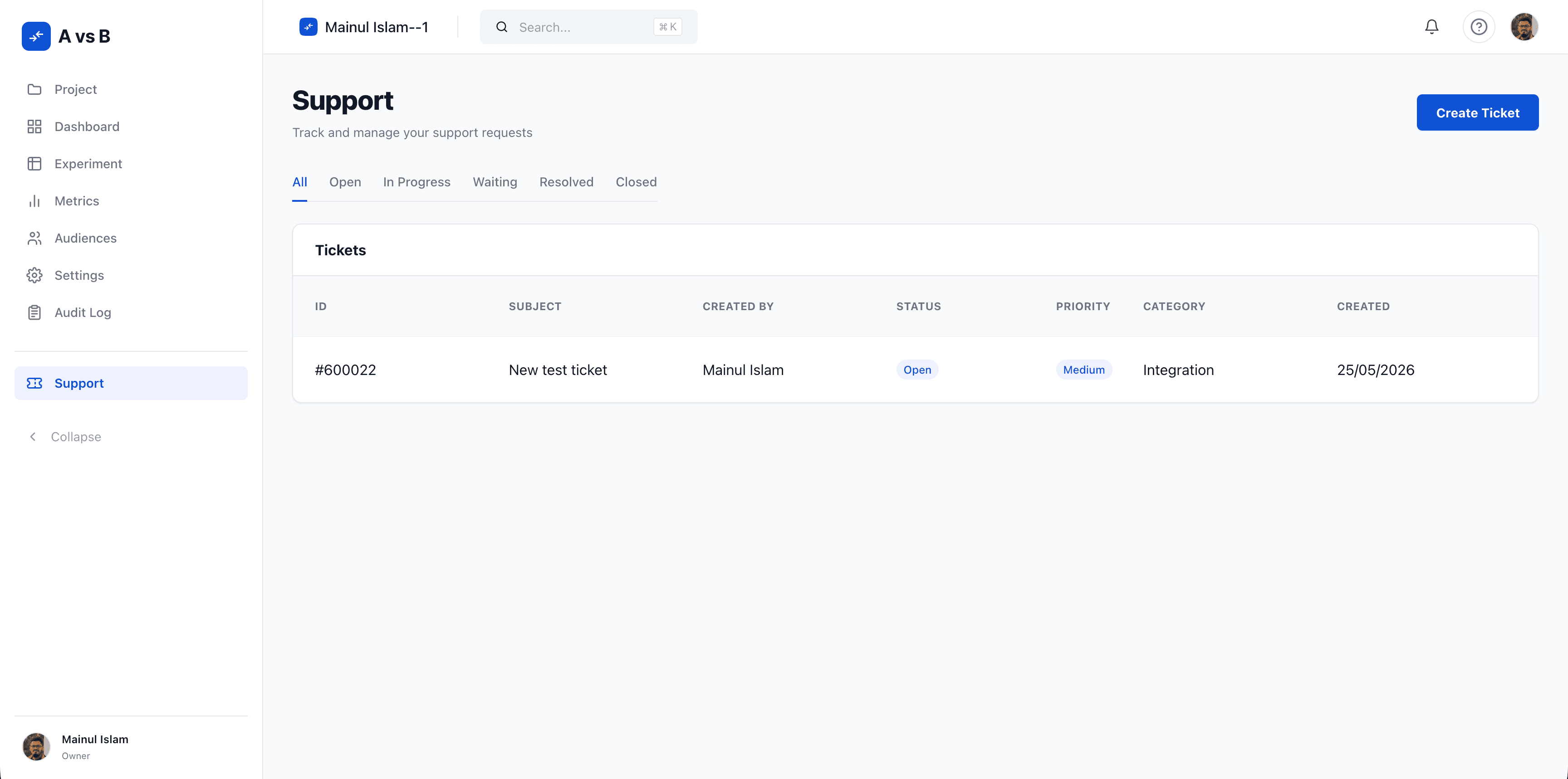 AvsB support ticket view with conversation thread and context attachments